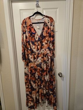 Cato Rust, Blue & Cream Floral Wrap Maxi Dress